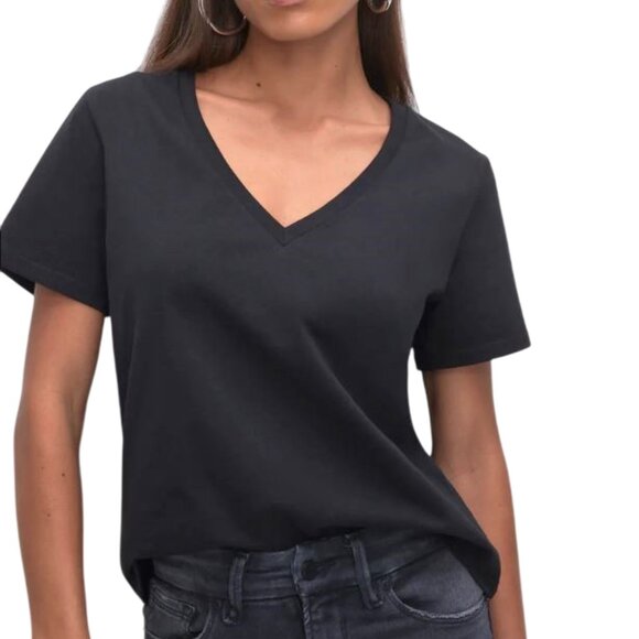 Good American 100% Cotton Classic Minimalist Casual V-Neck Tee Black size 2 - Picture 1 of 4